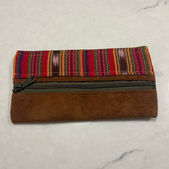 boutique Handbags - Brown Suede & Multicolor Caribbean Zip Up Clutch Pouch 9x5” Colorful Stripe
